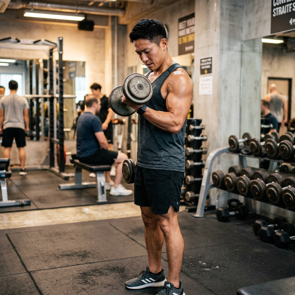 Man doing dumbbell bicep curls in gym with others working out